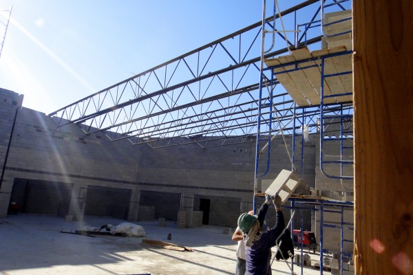lunchroom, installing final roof beams lunchroom, installing final roof beams