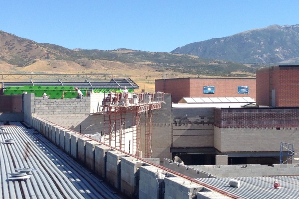 overlooking lunchroom center right; roof of transition hallway overlooking lunchroom center right; roof of transition hallway