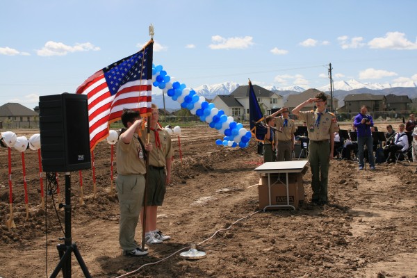 A scout group leading the Pledge of Allegiance at the Skyridge Groundbreaking Ceremony on April 29, 2014.