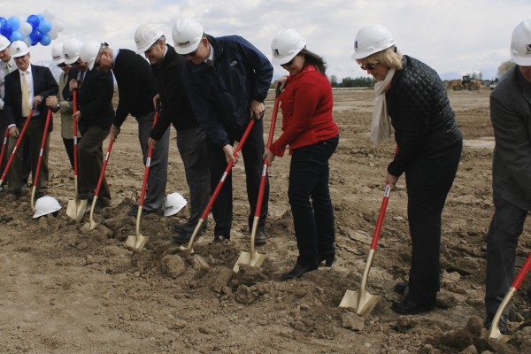 Skyridge Groundbreaking Ceremony, April 29, 2014. Members of the Alpine School District Cabinet and Board, State School Board, and construction team members.